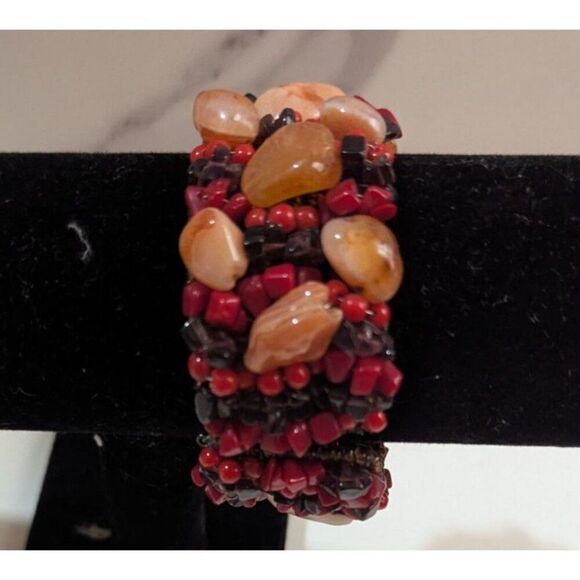 Red & Orange Gemstone Beads Clamp Bracelet Woven Boho Style Handmade Adjustable - Picture 1 of 5